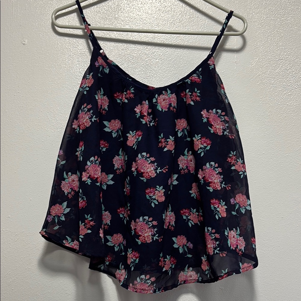 Floral Spaghetti Strap Top - Navy and Pink